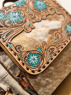 Turquoise Floral Tooled Leather & Hair-on Hide large Book Bag